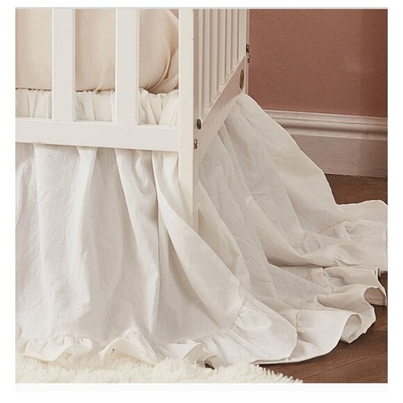 Boho Bohemian Baby Nursery Crib Bed Skirt Dust Ruffle - Neutral Solid Color Whit - Picture 1 of 3
